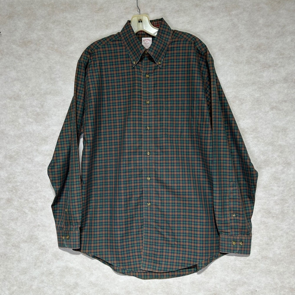 Brooks Brothers Mens M Regular Fit Non-Iron Plaid Button Down Shirt Green Tan